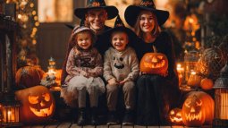 Familia con dos niños pequeños disfrazados de Halloween, sonrientes junto a calabazas iluminadas en una decoración otoñal.