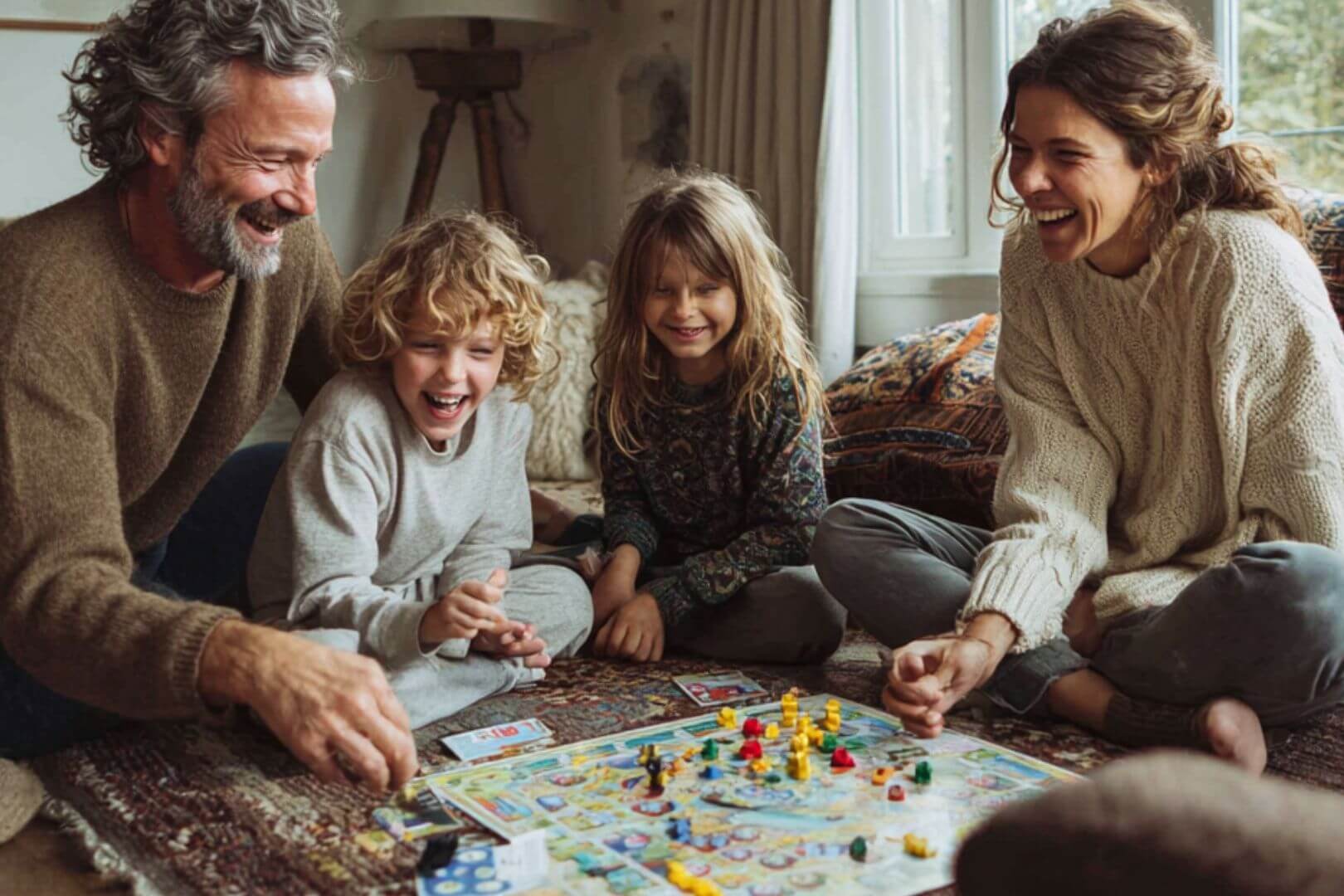 Padres e hijos disfrutan juntos de un juego de mesa en casa, fortaleciendo el vínculo familiar a través del ocio compartido.