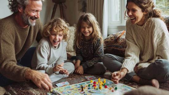 Padres e hijos disfrutan juntos de un juego de mesa en casa, fortaleciendo el vínculo familiar a través del ocio compartido.