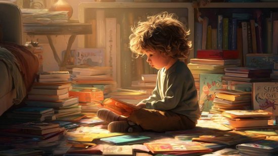 Niño pequeño leyendo un cuento rodeado de libros infantiles en un ambiente acogedor iluminado por una lámpara.