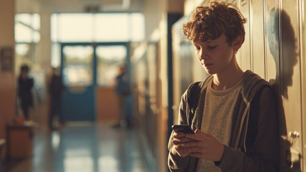 Niño de 12 años usando el móvil en el pasillo de un colegio, símbolo del debate sobre la prohibición de smartphones en las aulas