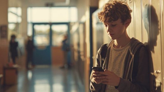 Niño de 12 años usando el móvil en el pasillo de un colegio, símbolo del debate sobre la prohibición de smartphones en las aulas