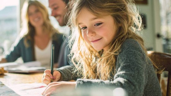 Niña escribiendo en la mesa de casa con sus padres detrás, apoyándola y sonriendo en un ambiente familiar luminoso y acogedor.