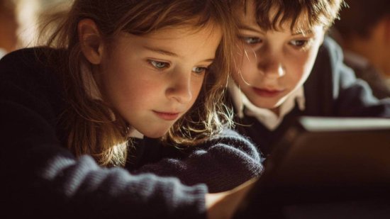 Niña y niño de Primaria usando una tablet juntos en clase.