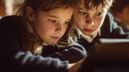 Niña y niño de Primaria usando una tablet juntos en clase.