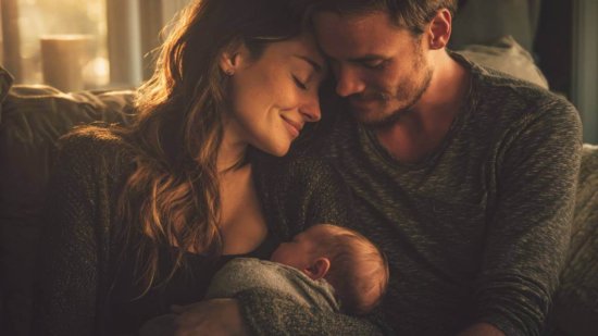 Hombre y mujer abrazados mirando a su bebé dormido en brazos, transmitiendo ternura y amor en familia.