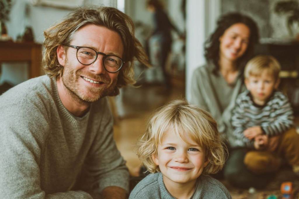 Retrato de familia en casa: padre e hijo en primer plano sonriendo y madre con otro niño desenfocados en segundo plano.
