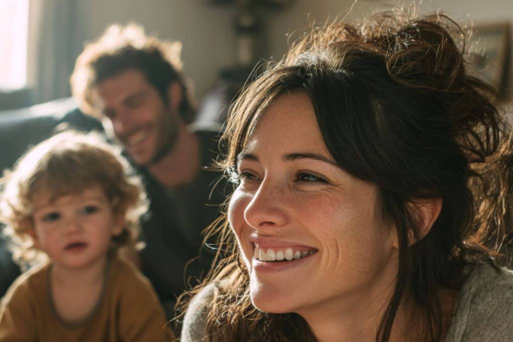 Mujer sonriente en primer plano con su familia detrás, representando un instante de armonía y unión en la crianza.