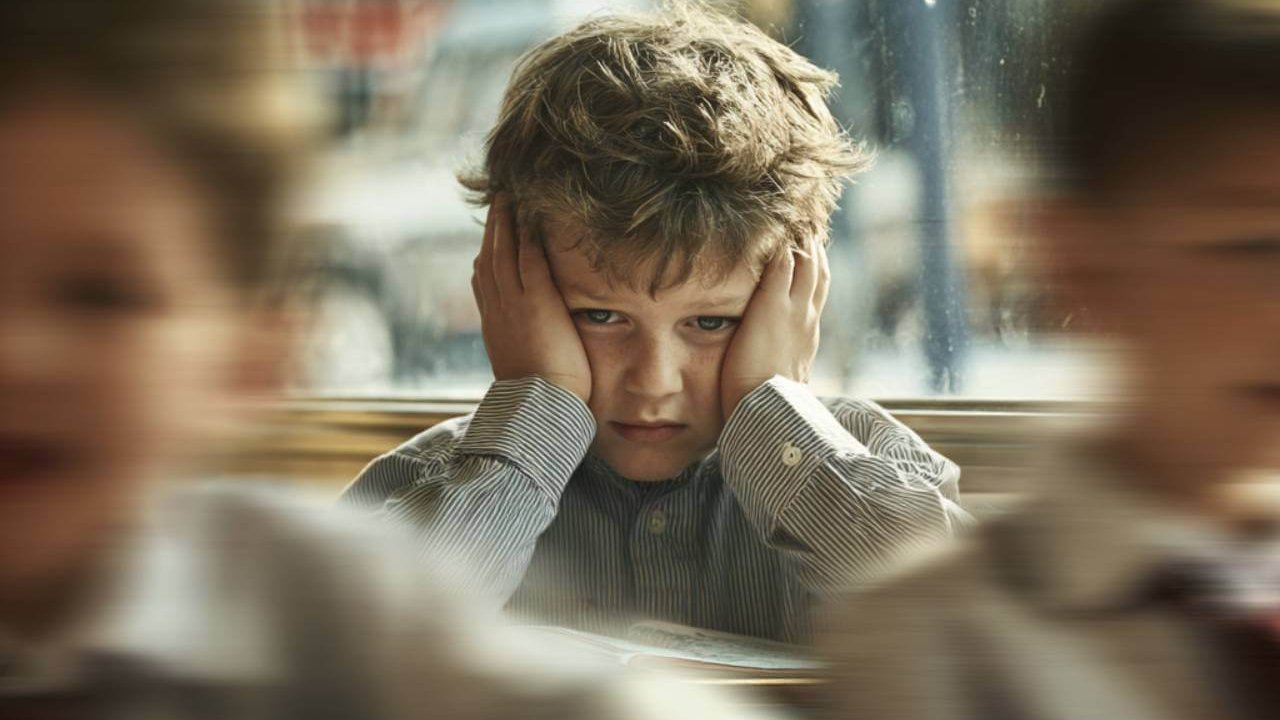 Niño de primaria en su pupitre, manos cubriendo las orejas, gesto de molestia; compañeros desenfocados y ventana con tráfico exterior.