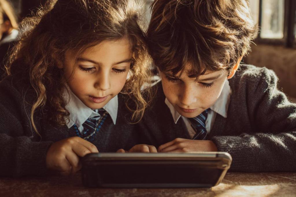 Niño y niña de Primaria mirando juntos una tablet en el aula.