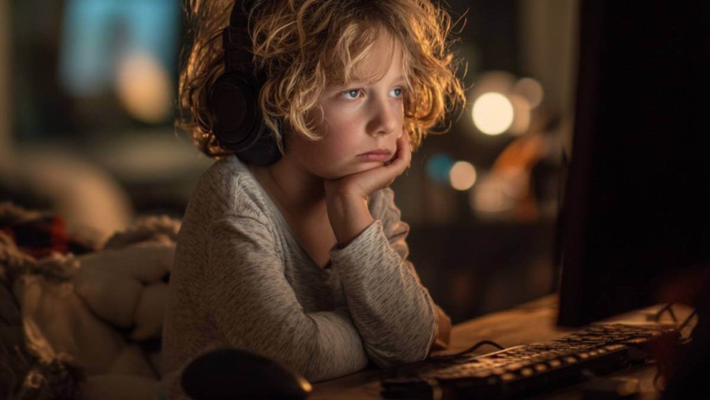 Niño con auriculares jugando a un videojuego en el ordenador, ilustrando la alerta de los pediatras sobre los riesgos de Roblox para niños y adolescentes.