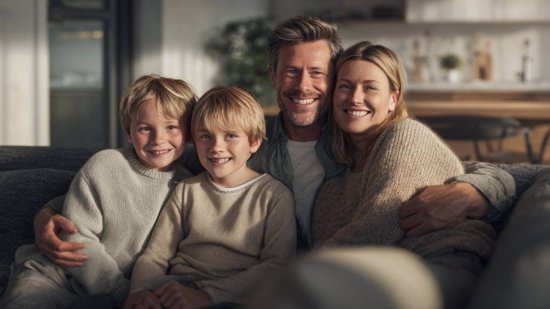 Padres e hijos abrazados en el sofá, sonriendo juntos en un ambiente hogareño luminoso y acogedor.