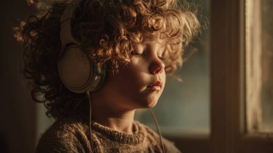 Niño pequeño con auriculares escuchando un cuento junto a la ventana, con luz cálida al atardecer y expresión tranquila.