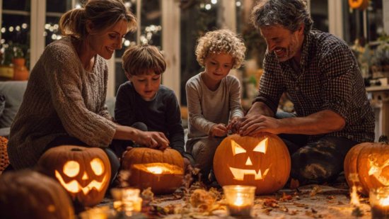 Familia preparando la decoración de Halloween en casa con calabazas y luces otoñales.