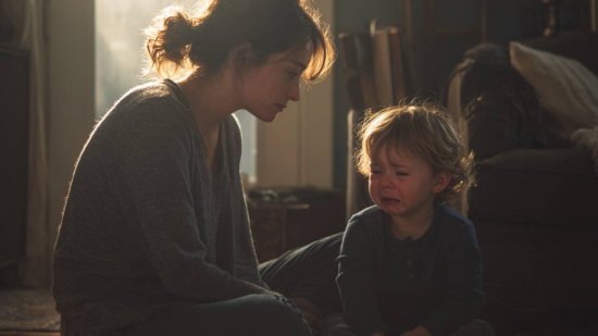 Madre sentada junto a su hijo pequeño que llora en el salón, acompañándolo con calma y empatía.