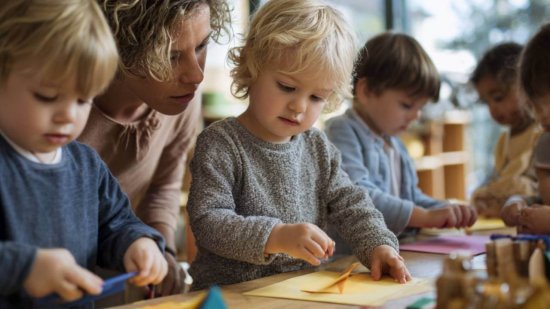Niño de infantil intentando recortar con tijeras mientras su maestra observa atentamente su coordinación motora.