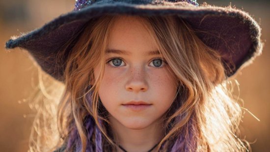 Retrato de una niña disfrazada de bruja para Halloween, con sombrero y extensiones moradas, sin maquillaje en el rostro.