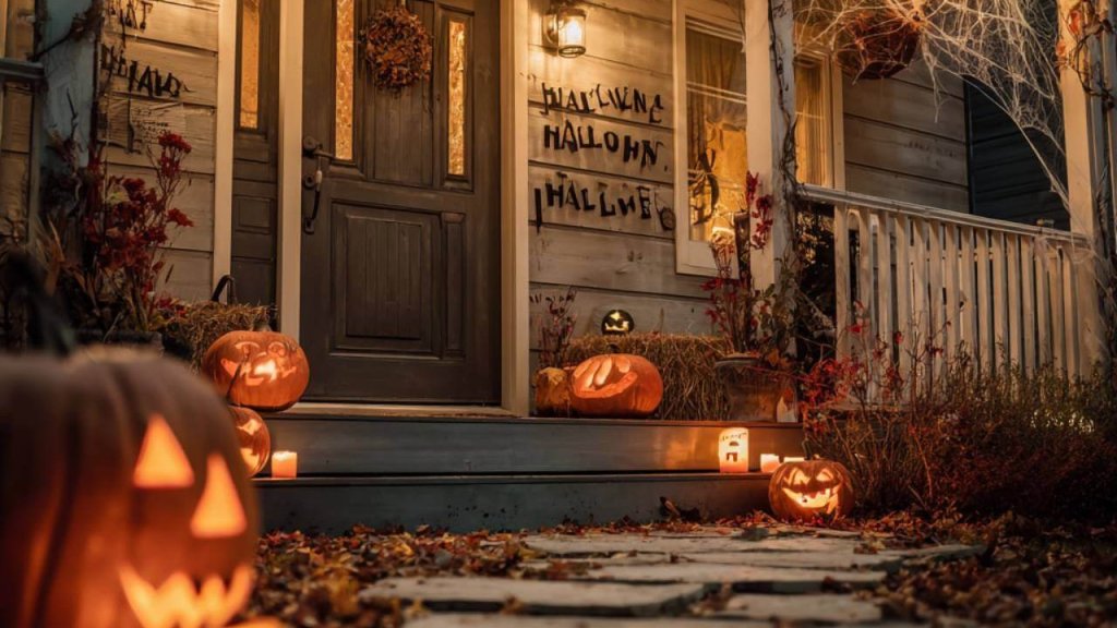 Entrada de casa con decoración de Halloween: calabazas encendidas, luces cálidas y detalles otoñales.
