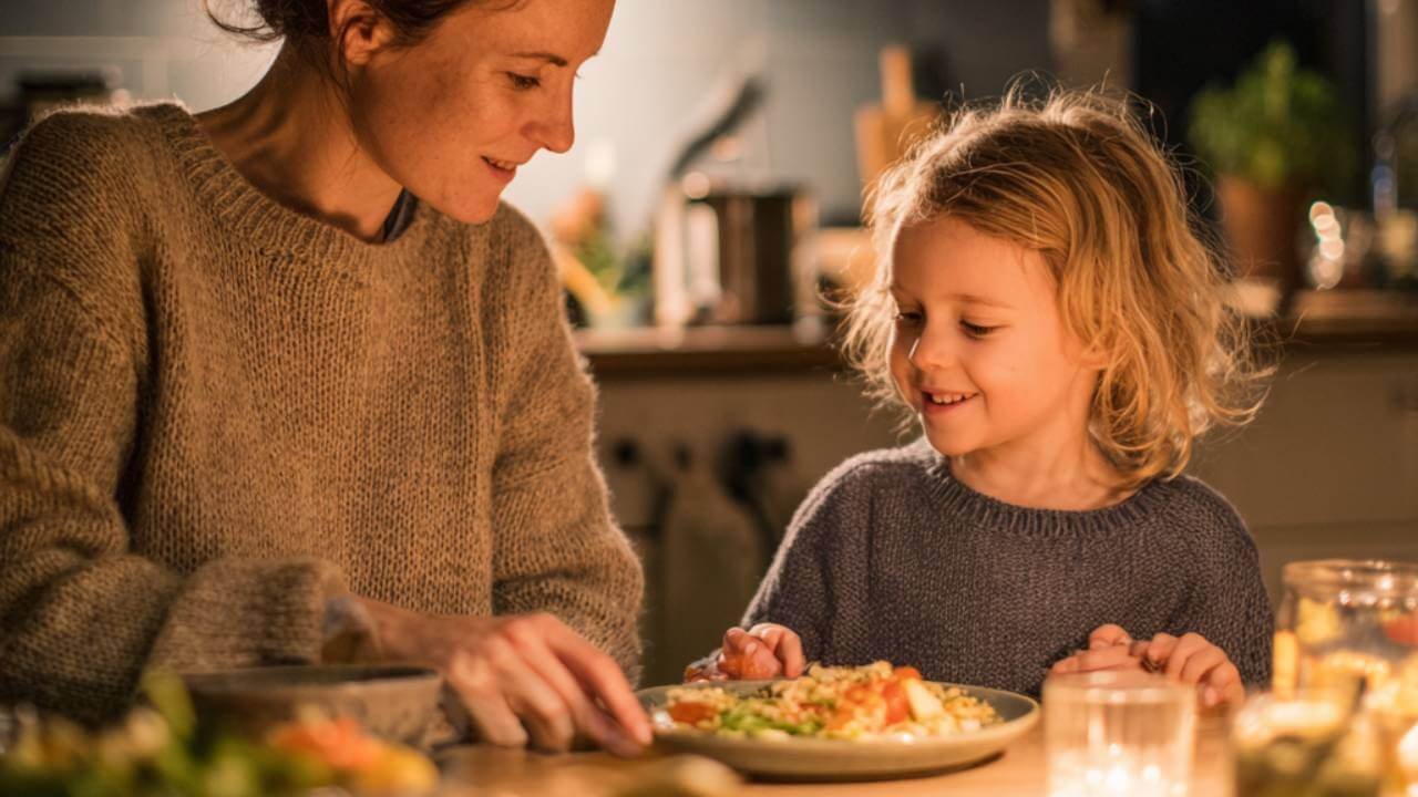 Madre y niño cenando juntos en la cocina, con luz cálida y comida saludable sobre la mesa.