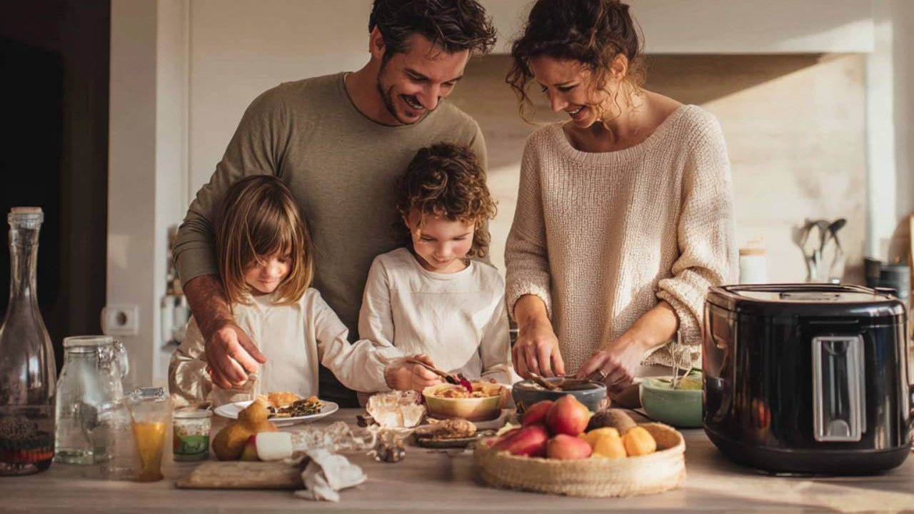 Familia preparando la cena con una freidora de aire en una cocina luminosa.