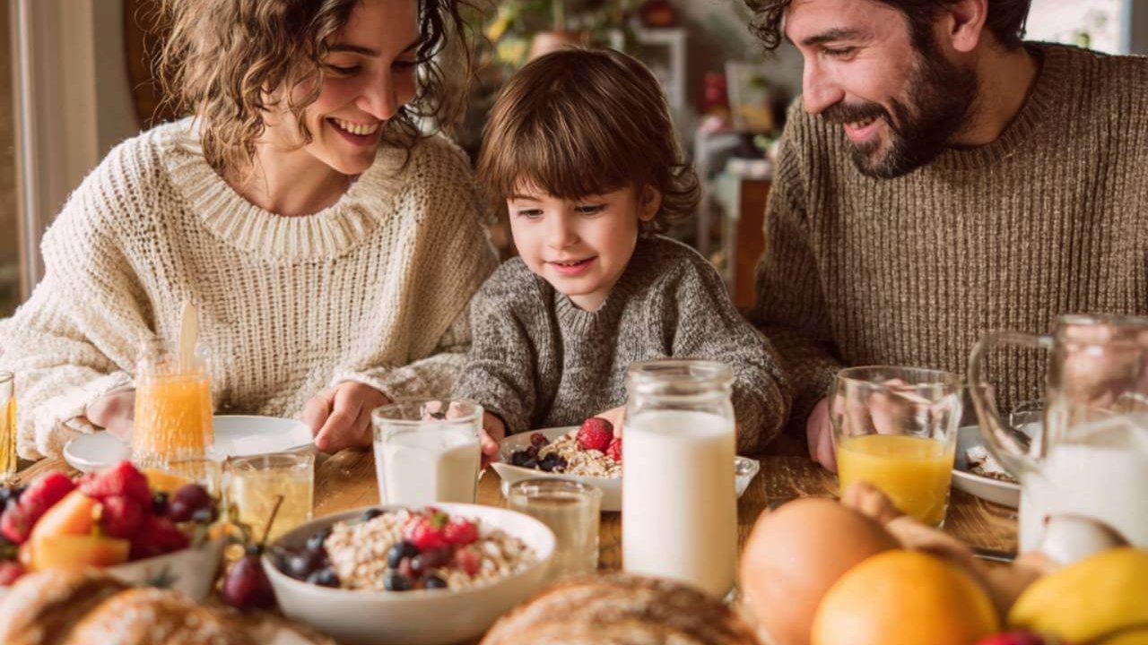 Familia desayunando en casa con opciones saludables como fruta, pan integral y yogur.