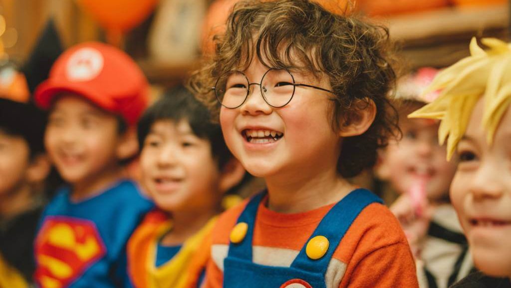 Niños disfrazados de Mario Bros, Harry Potter, Dragon Ball y superhéroes celebran Halloween en una fiesta alegre y sin miedo.