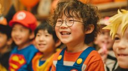 Niños disfrazados de Mario Bros, Harry Potter, Dragon Ball y superhéroes celebran Halloween en una fiesta alegre y sin miedo.