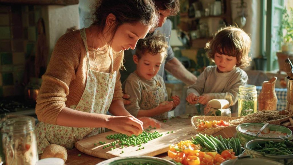 Familia con niños cocinando juntos y limpiando guisantes frescos en una cocina luminosa.
