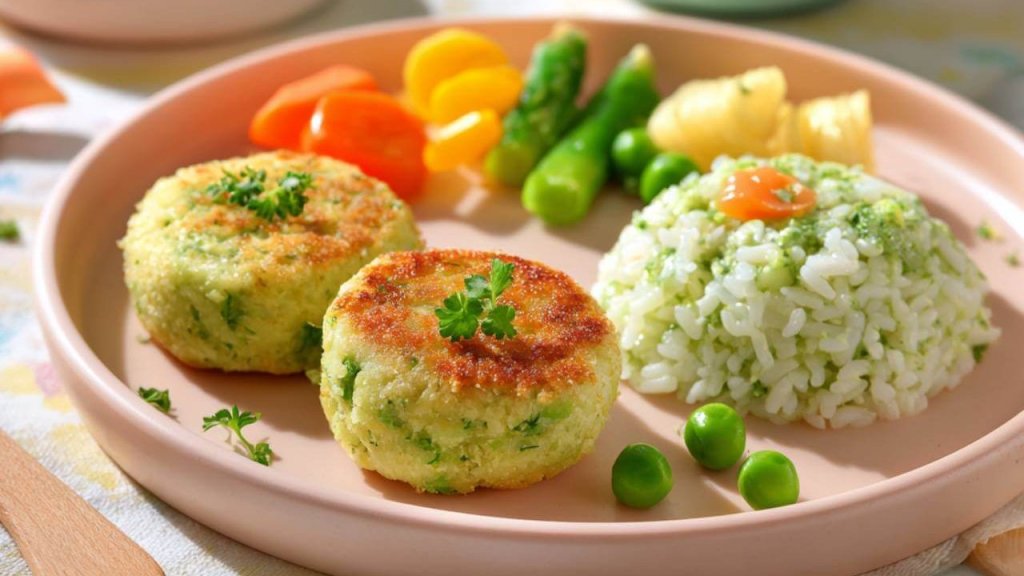 Hamburguesas vegetales de guisantes con arroz y verduras en un plato infantil.