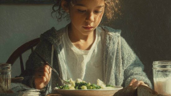 Niña sentada a la mesa comiendo un plato de verduras en un entorno hogareño.