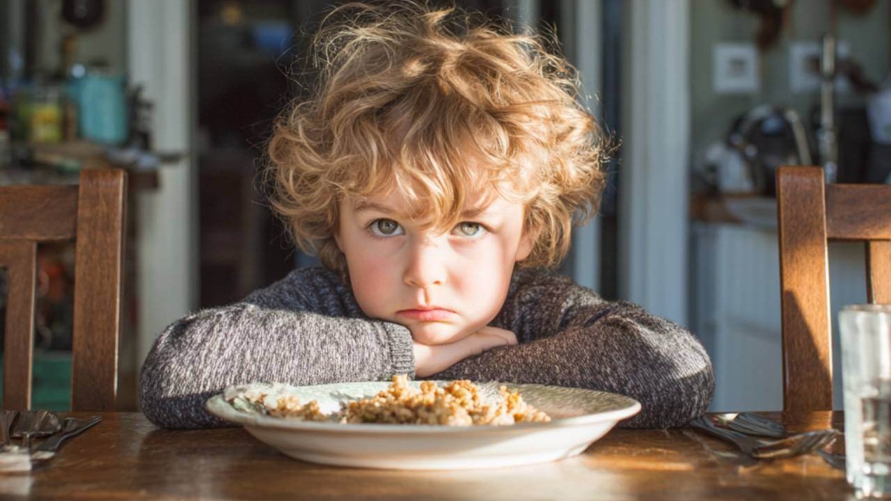 Niño mirando con recelo un plato de comida que no quiere probar durante la comida familiar.