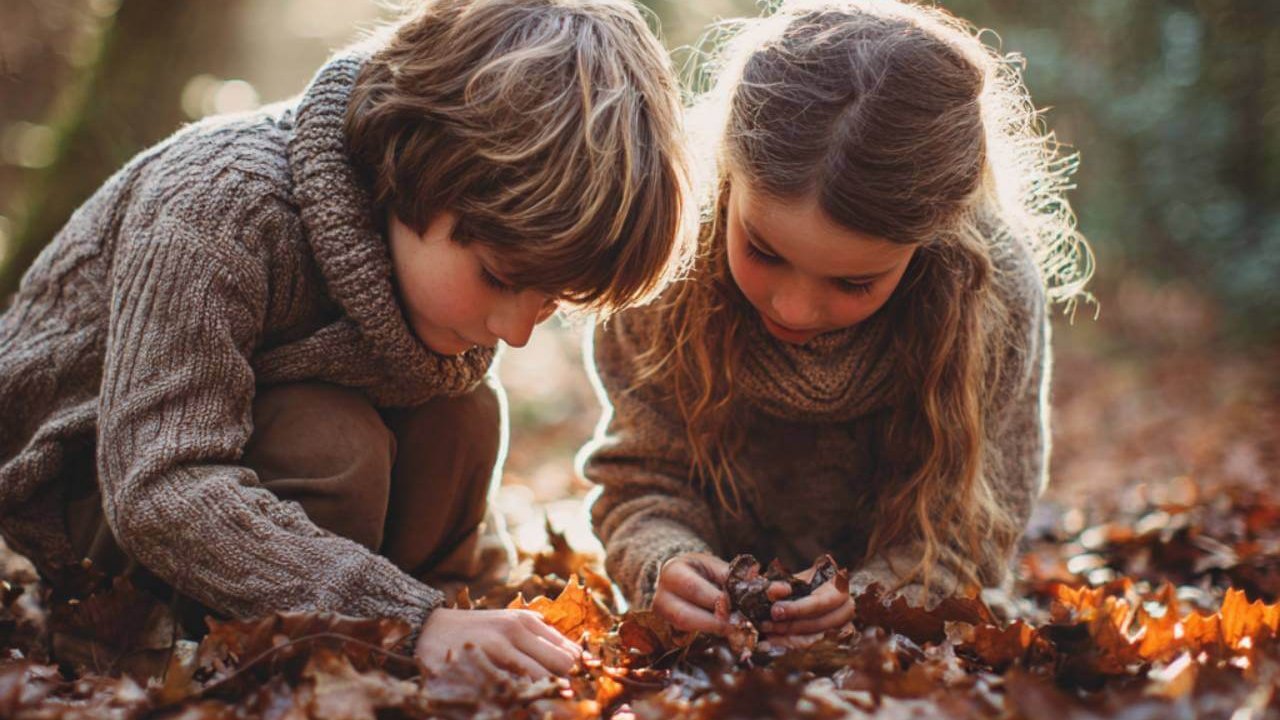 Niño y niña agachados en el suelo de un bosque otoñal, mirando de cerca las hojas secas iluminadas por la luz dorada del sol.