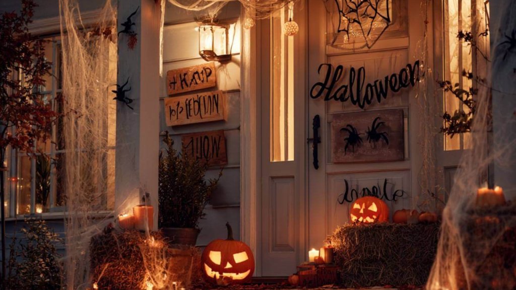 Puerta y porche decorados para Halloween con luces naranjas, telarañas y calabazas talladas con velas.