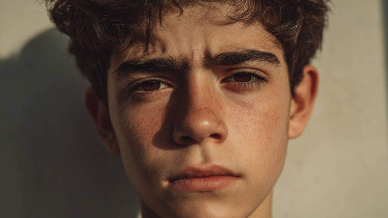 Retrato realista de un adolescente con expresión seria y melancólica, iluminado por luz natural.